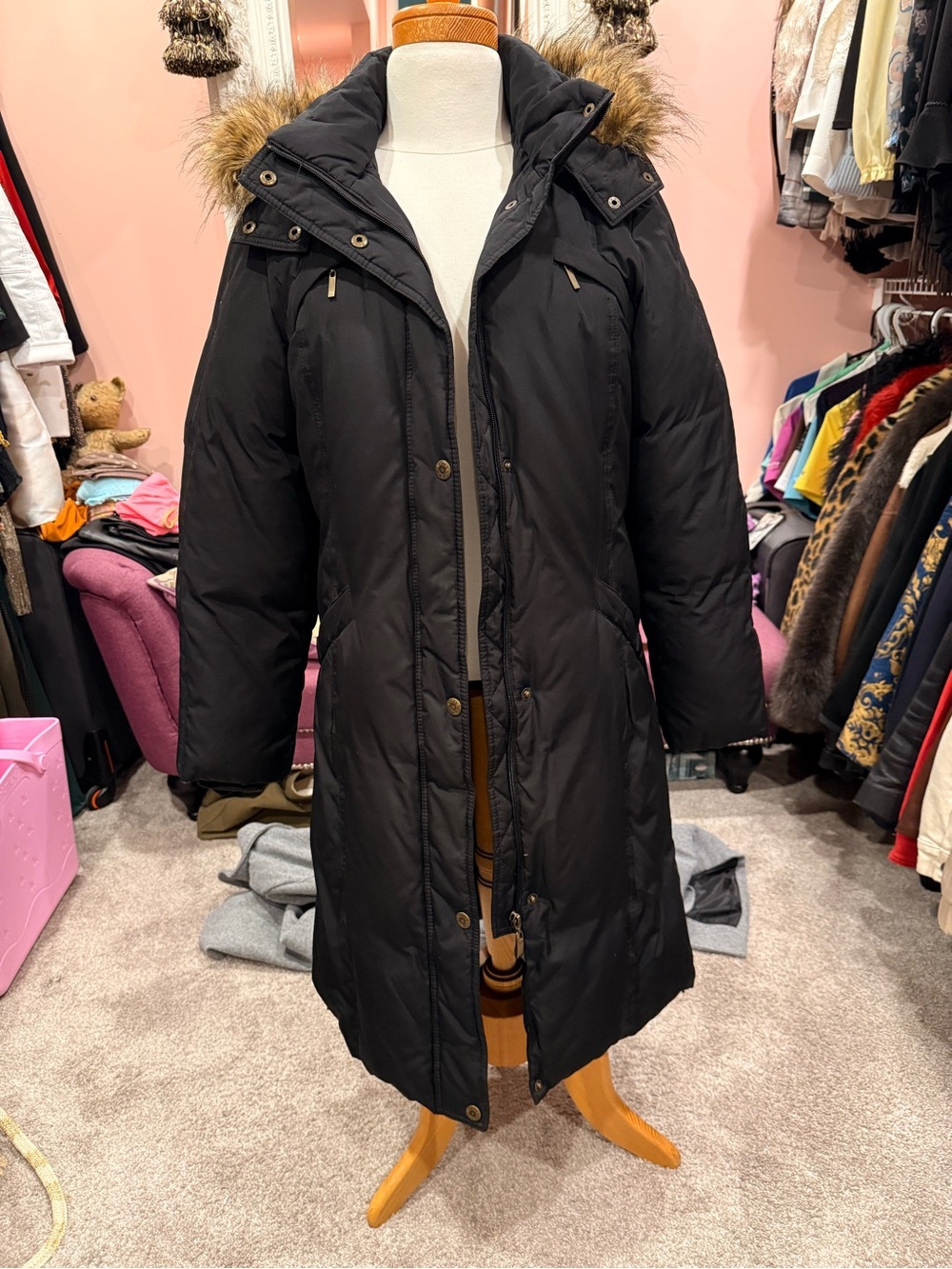 Jones New York Black Long Puffer Coat with Faux Fur Trim Hood